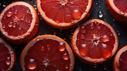 red oranges citrus fruits with drops of water on a black background - obrazy, fototapety, plakaty
