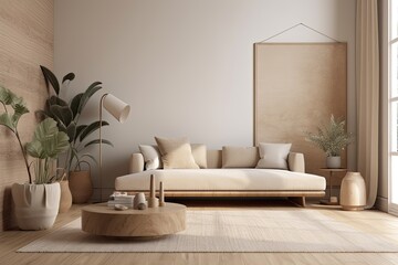 cozy living room with modern furniture and indoor plants. Generative AI