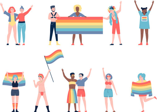 Pride gay lgbtq characters. Lgbt parade, transgender couple relationships. Queer people, frick man and woman with flags, recent vector set