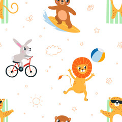 Animals summer activities seamless pattern. Animal playing and resting. Childish fabric print graphic art. Decorative baby classy vector background