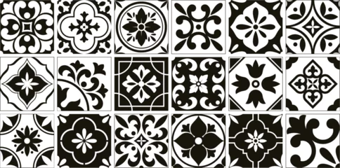 Deurstickers Portugese tegeltjes Interior spanish tiles, kitchen mosaic portuguese motifs. Black decoration tilings, mediterranean mexican floral interior racy vector elements