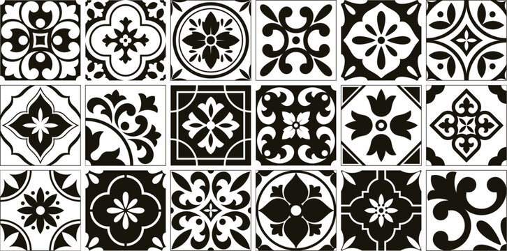 Interior spanish tiles, kitchen mosaic portuguese motifs. Black decoration tilings, mediterranean mexican floral interior racy vector elements