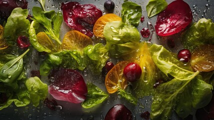 Salad Mix vegetables and salad leaves with drops of water on a black background