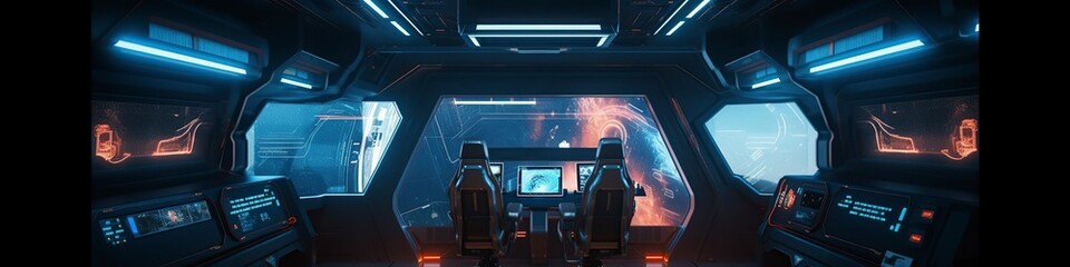 illustration, dark spaceship interior with bright blue and red light, website header, ai generative