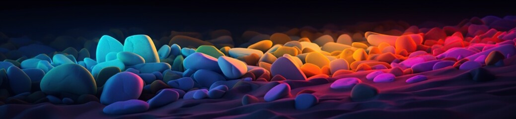Obraz premium illustration, colored luminescent stones on the beach, website headers, ai generative