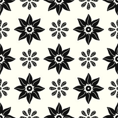 vector black floral rotation and leaves seamless pattern on black