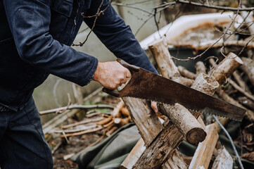 A man, a lumberjack, a worker saws a tree, a log with a hand saw, outdoors, in nature, at a sawmill.