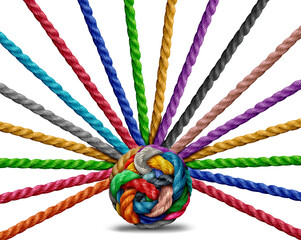 Interconnected Diversity Metaphor as a symbol of a diverse society and team communication or radiating network and networking from a central point as ropes intertwined. - obrazy, fototapety, plakaty