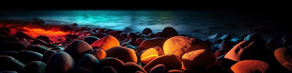 Obraz premium illustration, colored luminescent stones on the beach, website headers, ai generative