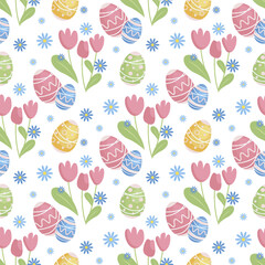 Seamless Easter background. Happy Easter vector illustration concept with painted eggs and flowers. Graphics in a modern cartoon style. Pastel colors. Perfect for wrapping paper, poster, cover, web