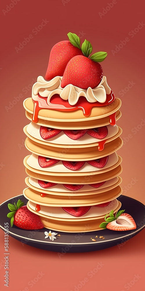 Poster strawberries on a stack of pancakes generative ai