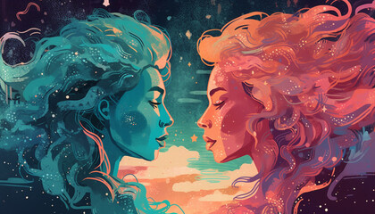 Gemini Zodiac Sign in Vibrant Pastel Colors on Starry Night Sky, Conveying Curiosity and Playfulness - Generative AI