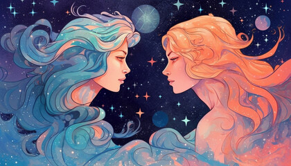 Gemini Zodiac Sign in a Vibrant, Pastel Mid-shot against a Starry Night Sky, Conveying Curiosity and Playfulness - Generative AI