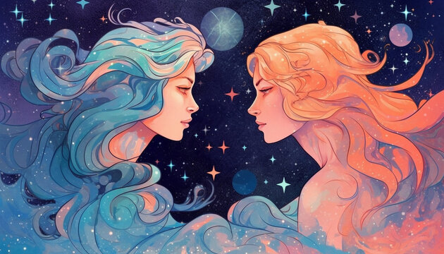 Gemini Zodiac Sign in a Vibrant, Pastel Mid-shot against a Starry Night Sky, Conveying Curiosity and Playfulness - Generative AI