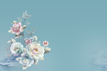 Watercolor various flowers, roses, peonies, paisley landscape peacocks