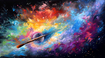 Colorful Galactic Painting on Black Background with Paintbrush, generative ai