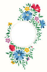 Colorful Chintz Romantic Meadow Wildflowers Vector Round Frame. Cottagecore Garden Flowers and Foliage Wedding Invitation. Homestead Bouquet. Farmhouse Background
