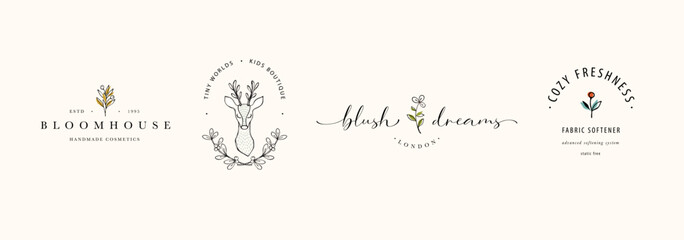 Floral logos with organic plant elements. Elegant monogram, boho hand drawn design elements. Botanical feminine logos. Rustic trendy greenery. Vector illustration.