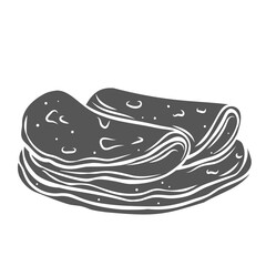 Tortillas glyph icon vector illustration. Stamp of round maize flatbread in stack, pile of tortillas from Mexican restaurant menu, appetizer and traditional food ingredient for burrito and taco