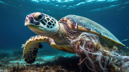 Fototapeta premium Sustainability themed background with space for copy, featuring an artistic arrangement of plastic waste items commonly found in the ocean. Generative AI