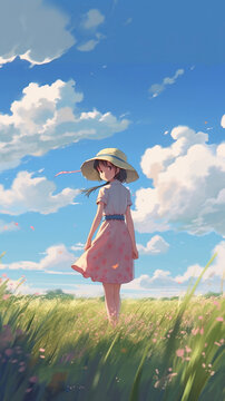 Anime girl in a Hat Walking in a spring field, Created with generative AI