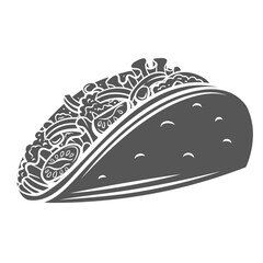 Taco glyph icon vector illustration. Stamp of fast food sandwich with cheese and meat, vegetables and tortilla wrap, taco meal of Mexican traditional cuisine and hot snack from takeout restaurant