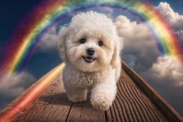 Maltipoo Puppy Crossing Over the Rainbow Bridge in Heaven - Ai Generative - obrazy, fototapety, plakaty