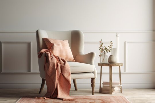 cozy chair with a soft pink blanket draped over it. Generative AI