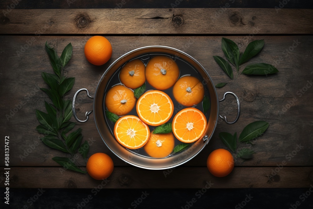 Poster copy space over a pan of sliced tangerines on a wooden background generative ai