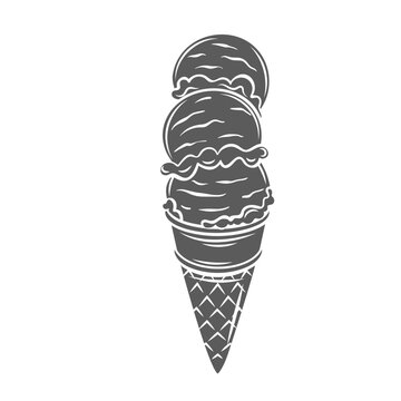 Ice cream balls in waffle cone glyph icon vector illustration. Stamp of vanilla sundae round pieces from scoop on wafer cup, serve with three balls tower of soft sweet refreshing gelato in cone