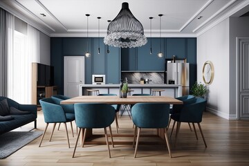 modern dining room with a sleek table and blue chairs. Generative AI