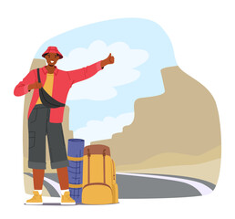 Lone Traveler Character With Backpack, Standing By The Road With A Thumb Up In The Air, Hoping For A Ride Illustration