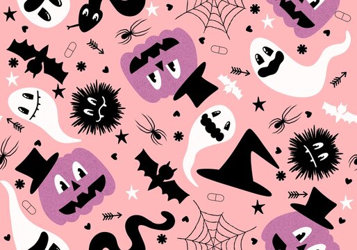 Halloween ghost seamless cartoon spider and skulls pattern for wrapping and clothes print and kids and fabrics