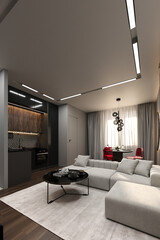 stylish modern dark interior design of a small cozy apartment. fashionable upholstered furniture, built-in lighting, a chic kitchen and a dining table with trendy chairs