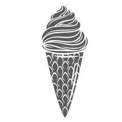 Ice cream in waffle cup glyph icon vector illustration. Stamp of soft vanilla sundae twirl in crispy wafer cone, serve of whipped cream swirls for summer refreshment, creamy whipped dessert for kids