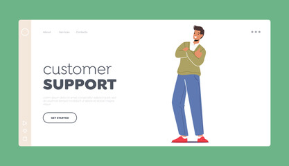 Customer Support Landing Page Template. Happy Male Character Show Satisfied Symbol with Thumb Up Vector Illustration