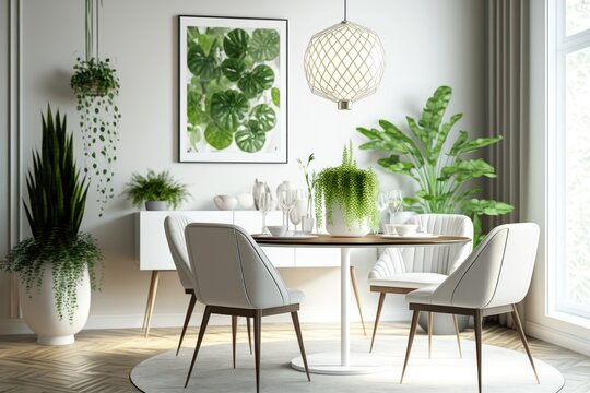 Fresh and Modern Luxury: Contemporary Interior Design with White Walls, Furniture, and Abundant Houseplants. Generative AI
