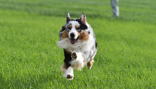 a lovely australian shepherd in a green field