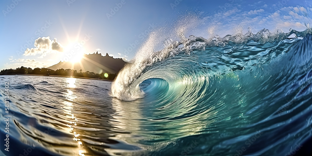 Poster an energetic wave is captured in its barrel form, crashing down and breaking in the distance. - gene