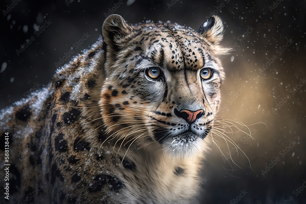 Poster superb lighting for a photograph of a snow leopard generative ai