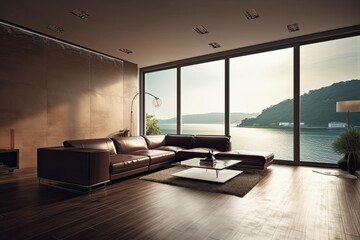 spacious living room with a panoramic view of a waterfront. Generative AI