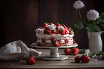 Delicious strawberry biscuit cake torte dessert with fresh berries and butter cream on dark wooden background. Ai generated.