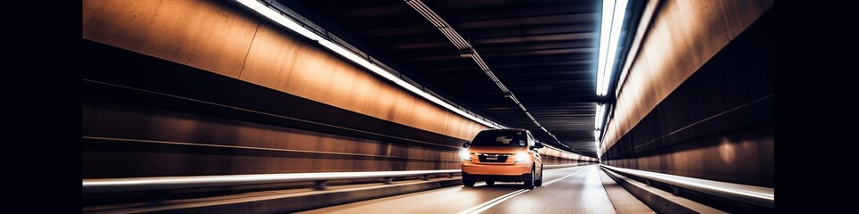 illustration, blurred car and traffic in the panoramic tunnel, website header, generative ai