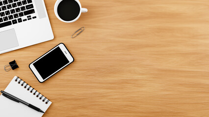office table and computer concept, background top view with office supplies, wooden table with offise supplies and notes, place for text and design