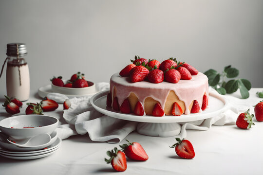 Delicious strawberry biscuit cake torte dessert with fresh berries and butter cream on concrete background. Ai generated.