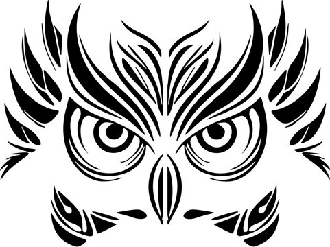 ﻿A black and white owl with Polynesian motifs depicted on its face.
