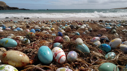 Fototapeta na wymiar colorful decorative Easter eggs washed up on a beach shore