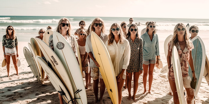 A tranquil beach scene featuring a surfer with friends smiling in joy at their shared hobby of surfing - generative ai.