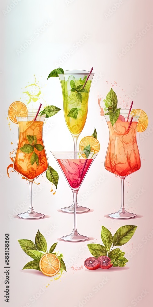Poster light the banner in the backdrop and place the drinks on the marble table. there are five different 