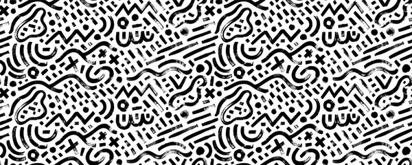 Geometric doodle seamless pattern with different brush strokes. Hand drawn contemporary geometric background. Chaotic ink brush scribbles decorative texture. curved lines, dots and crosses.  © Anastasiia Hevko